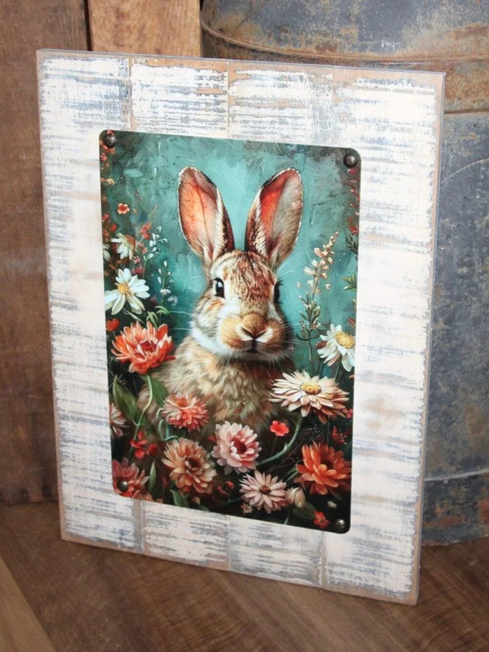 NEW Large Shabby French Country Farmhouse Bunny Rabbit & Wild Flowers Wall Decor